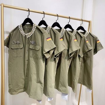

839 Season New Tooling Wind Beaded Chain Round Neck Short Sleeve Army Green Thin Section Long Shirt