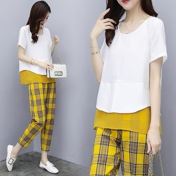 

New Women's Season Two-piece Pants Short-sleeved Shirt Plaid Nine Pants Casual Fashion Suit Female Foreign Gas