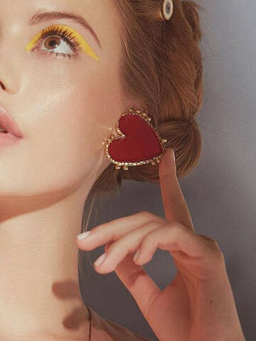 Golden Lace Red Heart-shaped Studs Earrings