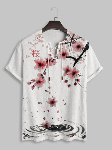 Cherry Blossoms Print Lace-Up T-Shirts