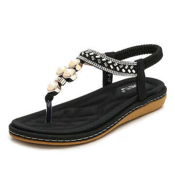 Sandales plates bohémiennes de plage à perles pour femme-Noir