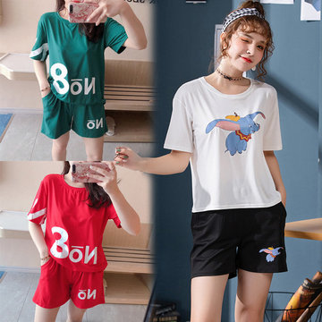 

Fitness Sports Season Pajamas Women Short-sleeved Shorts Round Neck Fashion Students Large Size Home Service Two-piece Suit, Love letter no red no black no green dumbo
