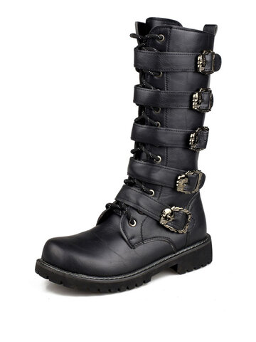 Men High Top Buckles Stylish Motorcycle Boots