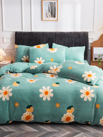 4PCS Warm And Plus Thick Velvet Print Sunflowers Daisy Bedding Sets Quilt Cover Bedspread Sheet Pillowcase
