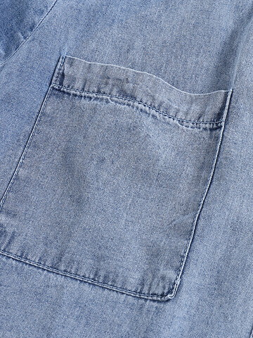 Denim Solid Lapel Button Pocket Short Sleeve Blouse