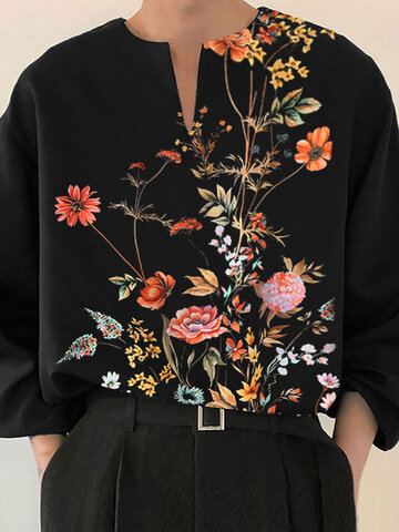 Floral Print Notched Neck Shirt