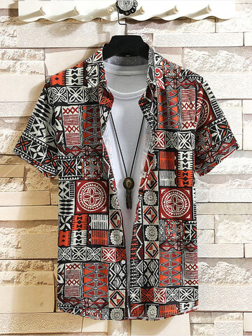 Ethnic Geometric Pattern Lapel Collar Shirts