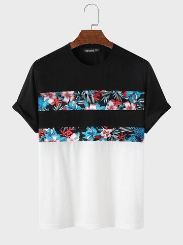 Tropical Floral Print Patchwork T-Shirts
