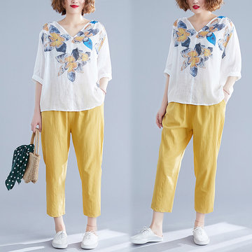 

Season New Casual Harem Pants Suit Women's Loose Printed Shirt Cotton And Linen Casual Pants Two-piece
