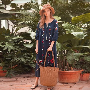 

Cotton Line Seven-point Sleeve Loose Embroidery Dress