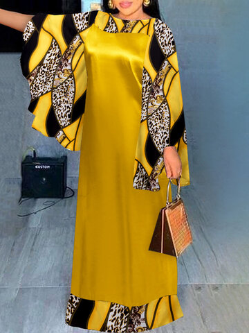 Leopard Print Bell Sleeve Maxi Dress