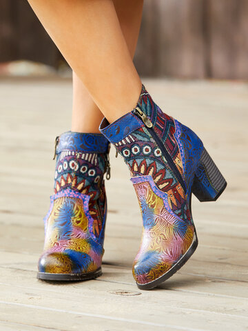 Socofy Printed Leather Chunky Heel Ankle Boots