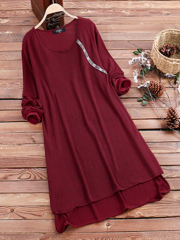 

O-NEWE Stitching Printed Cashmere Dress, Black wine red