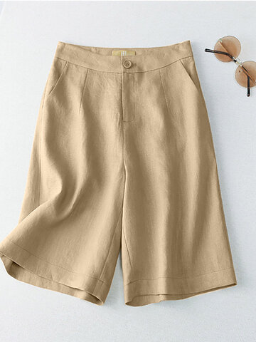 Solid Pocket Button Casual Loose Shorts 