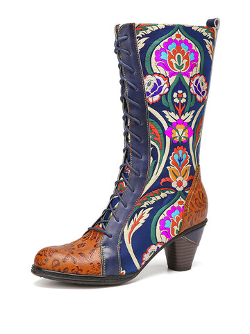 SOCOFY Floral Embroidery Splicing Leather Mid-calf Boots