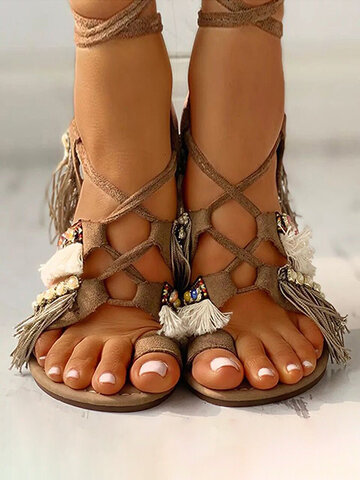 Bohemian Pearl Tassel Strap Sandals