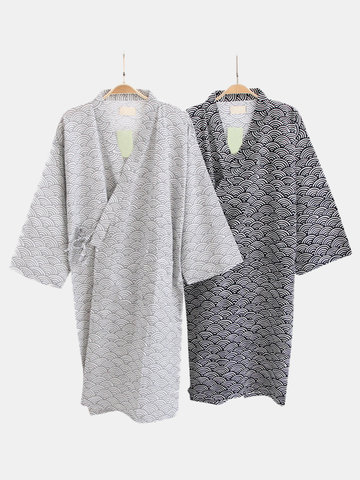 

Japanese Kimono 100%Cotton Breathable Robes, Gray navy