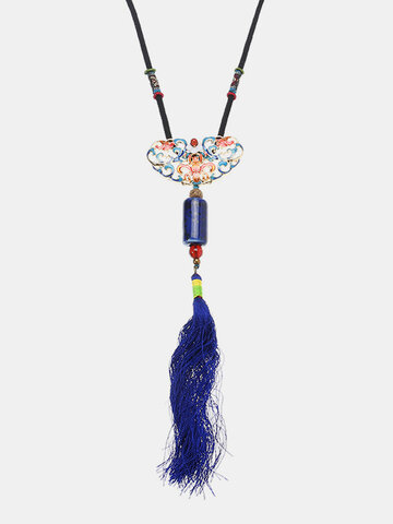 Ethnische Halskette der Frauen Quaste Blumenlegierung Achat Keramik Halskette