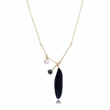 Balancing Style Simple Alloy Black Pearl Rhinestone Feather Necklace