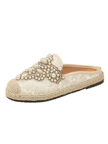 Pearl Decor Lace Print Decoration Loafers