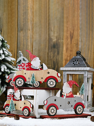 1Pc Decorações de Natal Papai Noel dirigindo com uma pequena árvore Enfeites Decoração de mesa de madeira em pé