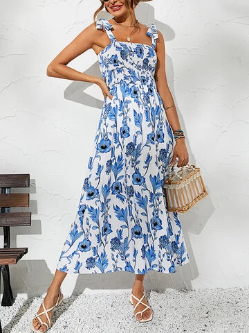 Blue Calico Print Smocked Maxi Dress
