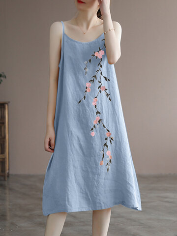 Floral Embroidered Cotton Spaghetti Dress