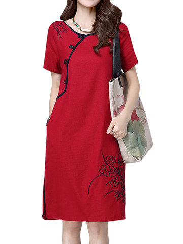 

Folk Embroidery Short Sleeve Side Slit Women Dresses, Wine red navy apricot pink