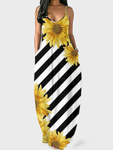 Sunflowers Black and White Stripes Dress