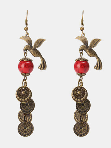 Ethnic Vintage Bronze Magpie Bird Red Turquoise Women Earring Jewelry