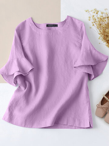 Solid Ruffle Split Casual Cotton Blouse