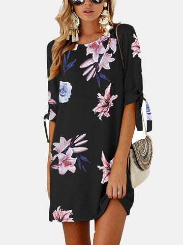 Blumenbedruckter Midirock mit O-Ausschnitt Kleid
