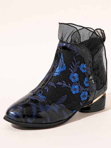Lace Embroidered Low Heel Ankle Boots