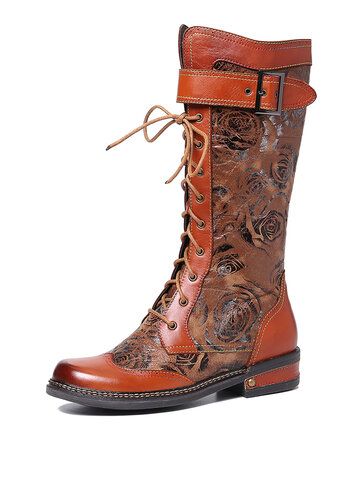 Embossed Rose Pattern Mid Calf Boots