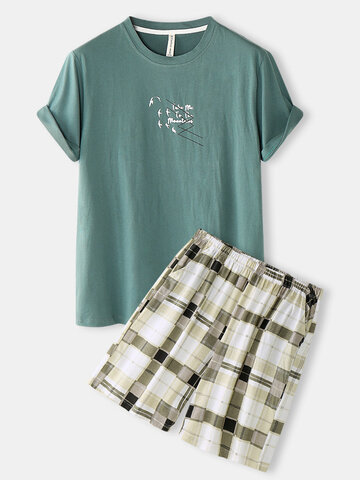 Slogan Print Pajamas With Check Shorts