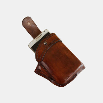 Men Genuine Leather 6.3 Inch EDC Retro Short Cell Phone Case Belt Bag