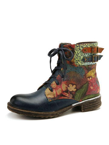 Watercolor Rose Leather Flat Boots