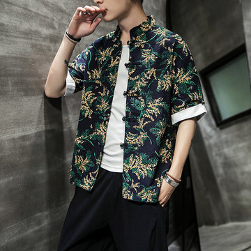 

Season New Chinese Style Men's Collar Collar Loose Short-sleeved Shirt Youth Fashion Casual Cotton Shirt