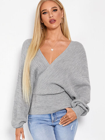 Solid Backless Cross Wrap Sweater