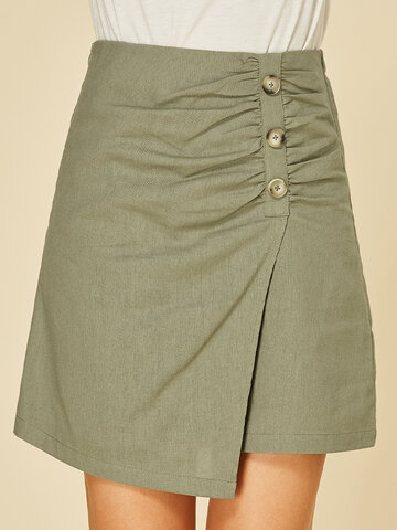 Solid Color Button Asymmetrical Skirt