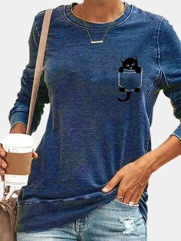Cute Black Cat Print Long Sleeve O-neck T-shirt For Women