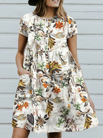 Allover Plants Print Pocket Dress