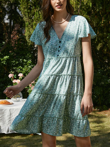 Floral Pattern Ruffle Print Dress