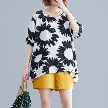 

Round Neck Loose Sun Flower Breathable T-shirt Female New Wild Silk Cotton Thin Section Ladies Season Coat Generation