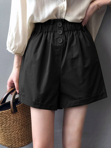 Solid Pocket Button Elastic Waist Casual Shorts 