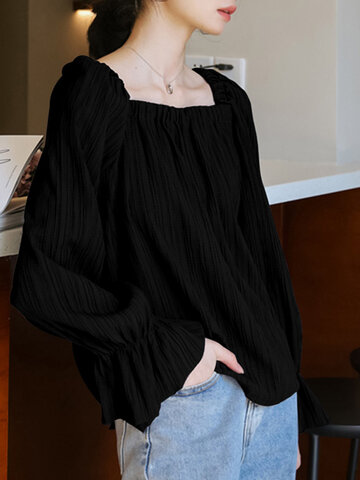 Solid Long Sleeve Square Collar Blouse