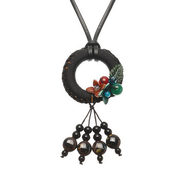 Women's Retro Necklace Leather Ethnic Agate Flower Ceramic Tassel Necklace