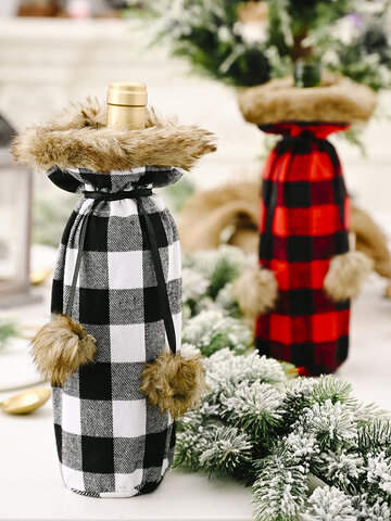 1 Pc Christmas Pompoms Plaid Wine Bottle Bag Red Wine Champagne Christmas Table Decorations