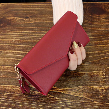 Women Solid Color Tassel Multi-function Long Wallet 