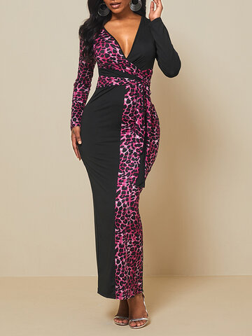 Leopard Printed Patchwork Belt Dress